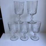 Set of 5 small crystal wine glasses engraved 50-60s