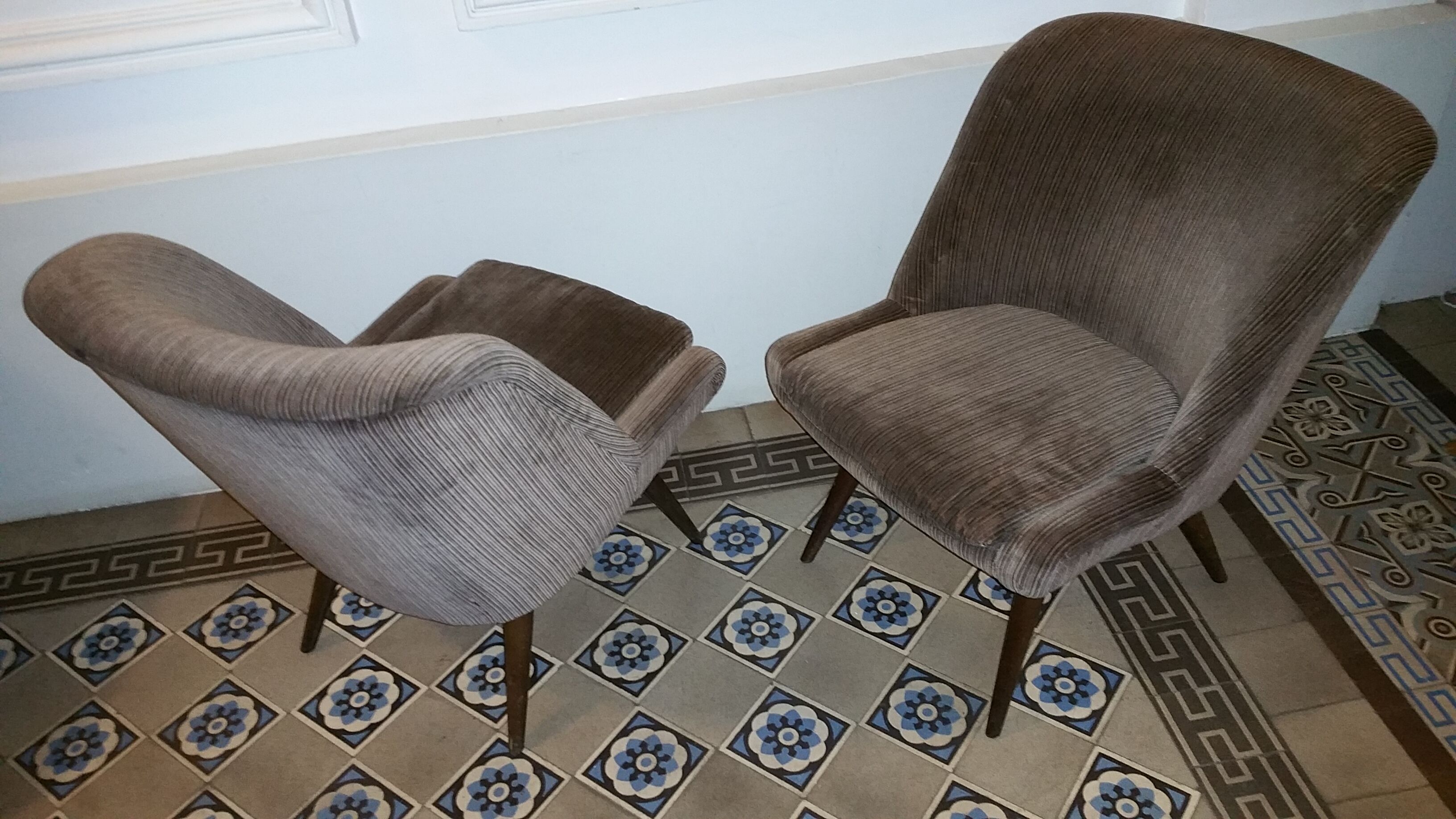 Restored low chair in velvet fabric 50s 60s