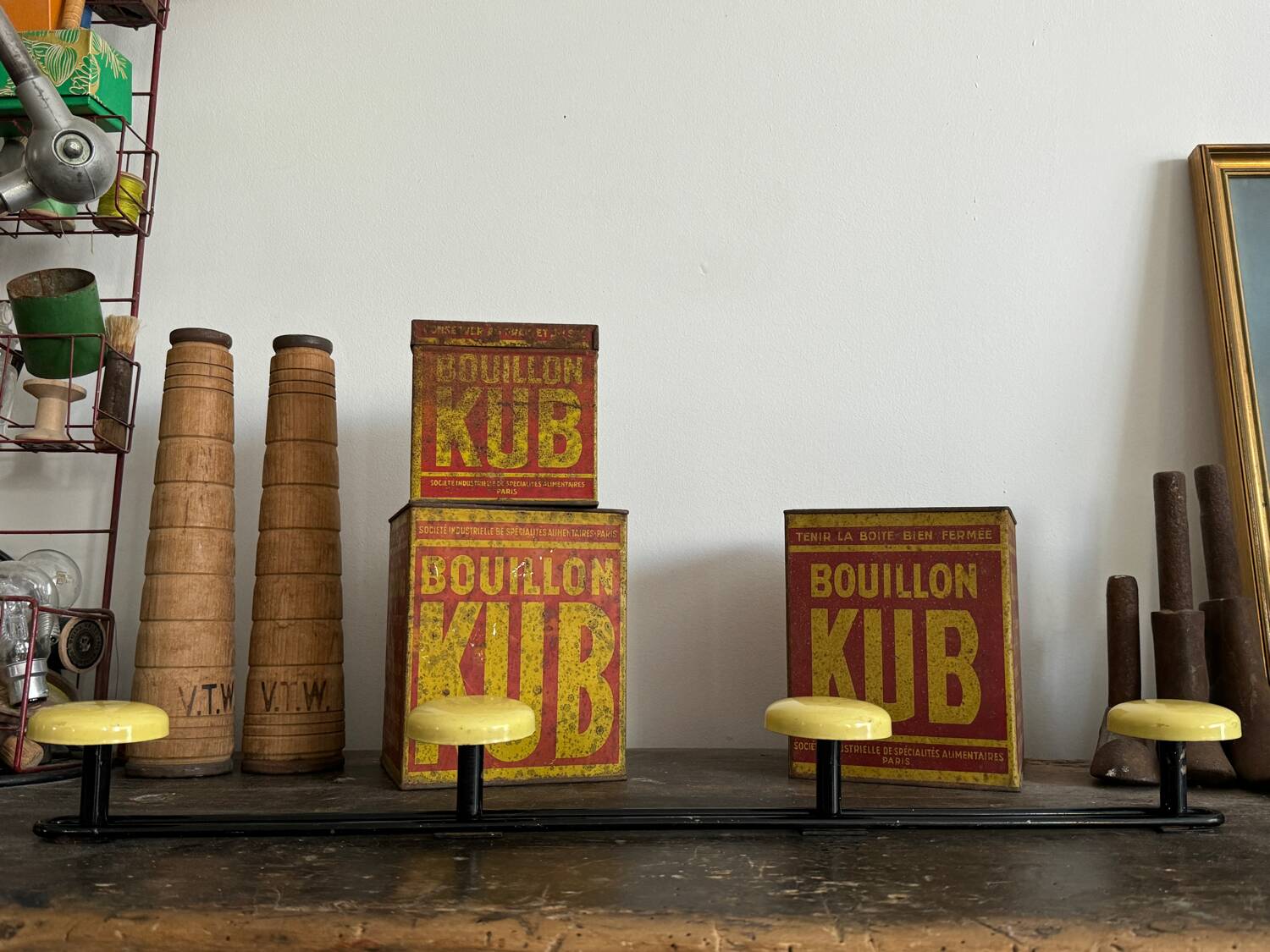 Wall coat rack with 4 vintage yellow metal hooks