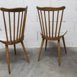 Pair of Baumann Menuet chairs, Honey patina, White vinyl seats