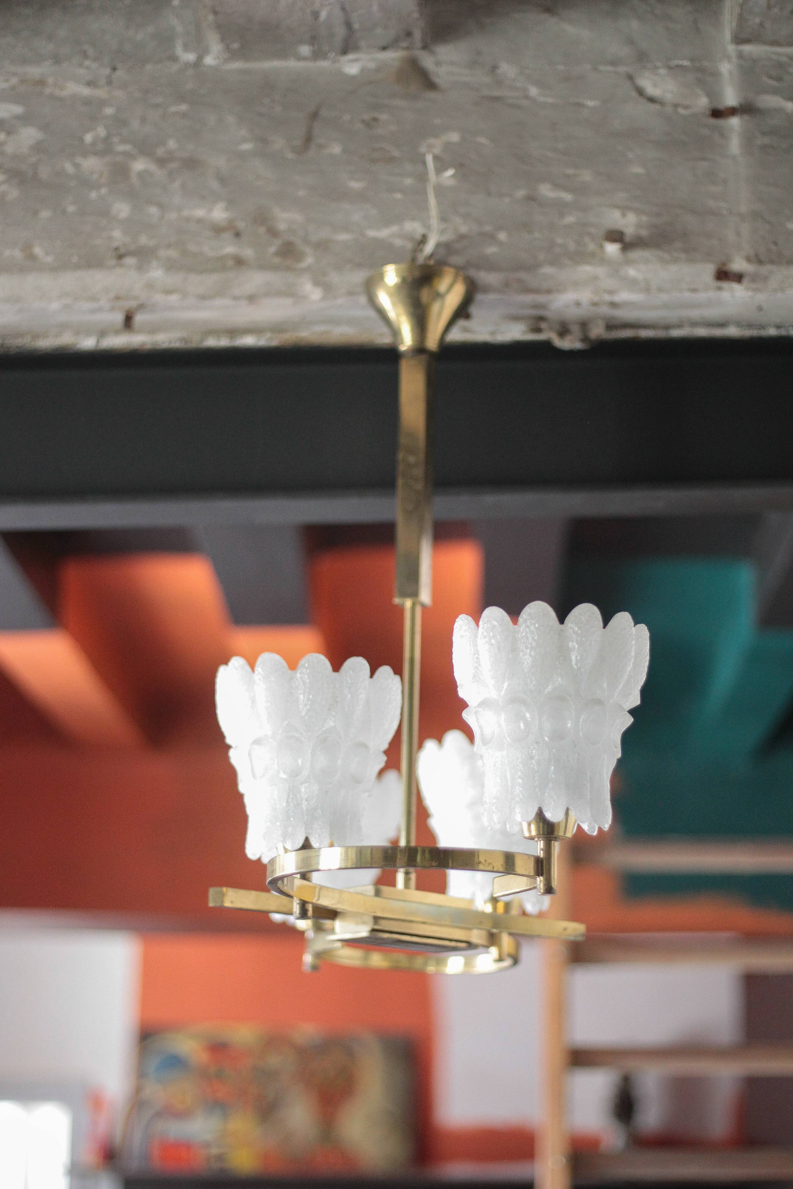 Vintage brass suspension with thick milk glass globe, brass chandelier.