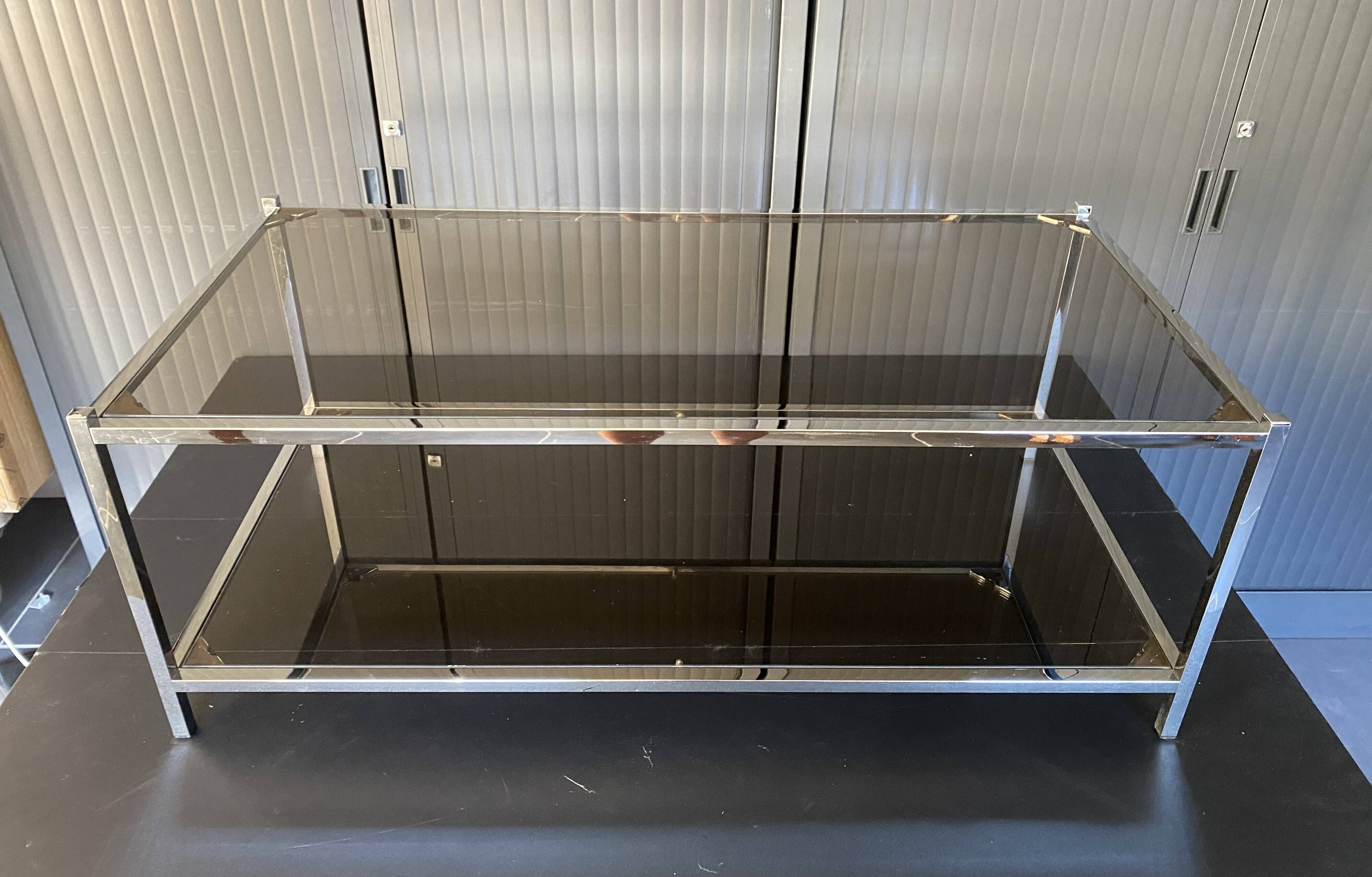 Table basse double plateau verre chrome style Bauhaus vintage 1970