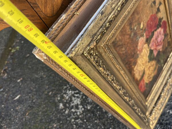 Tableau Ancien XIX – Bouquet de Roses – Huile – Cadre Doré Sculpté