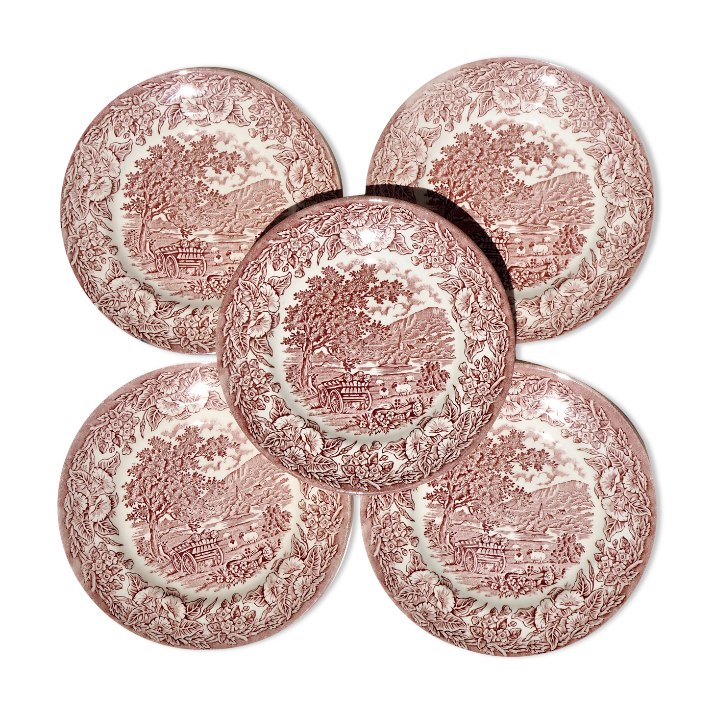 Set of 5 dessert plates with red English patterns