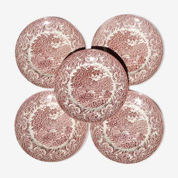 Set of 5 dessert plates with red English patterns