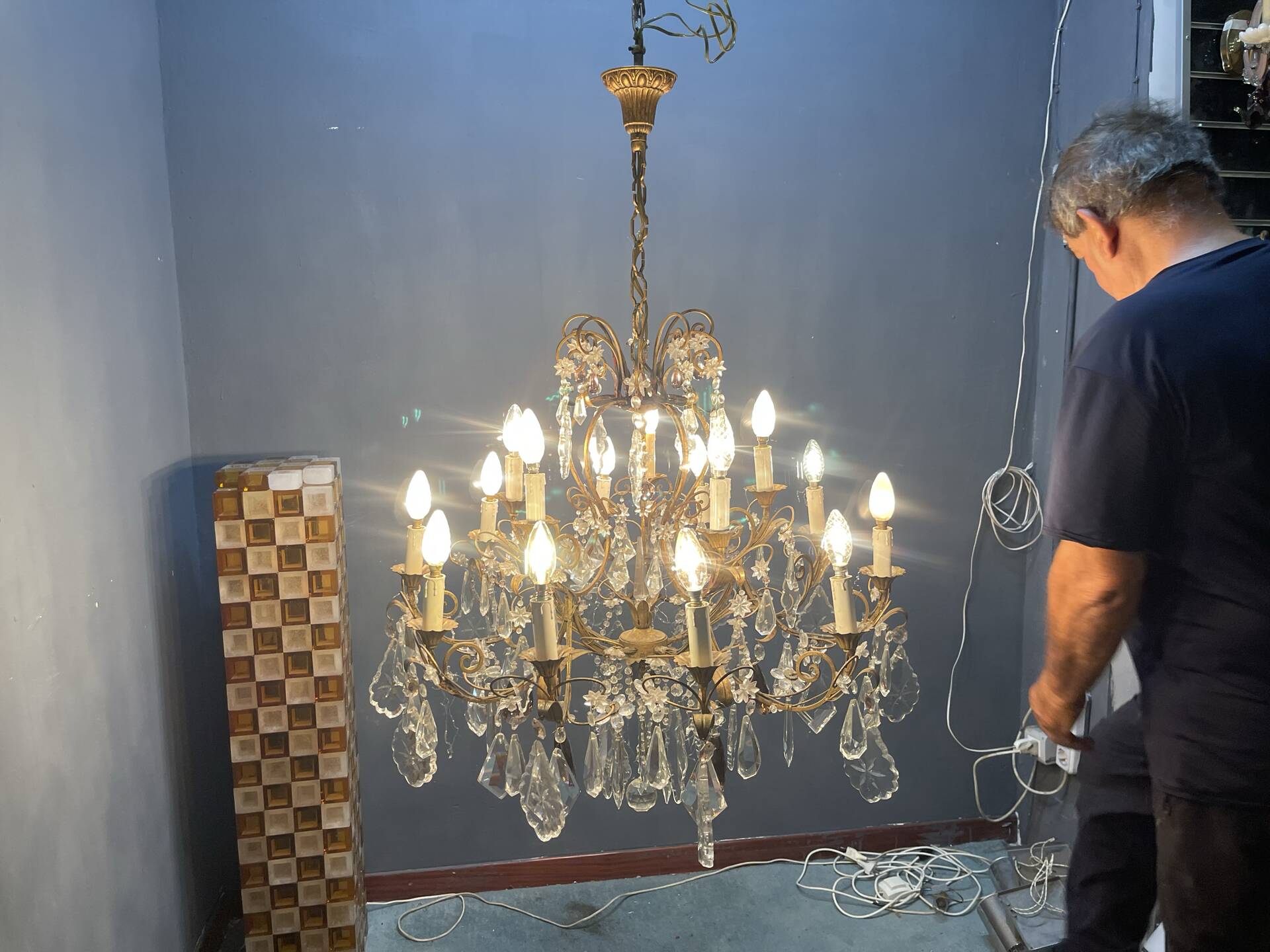 Large Florentine Tole Chandelier with Murano Glass Flowers, Italy, 195