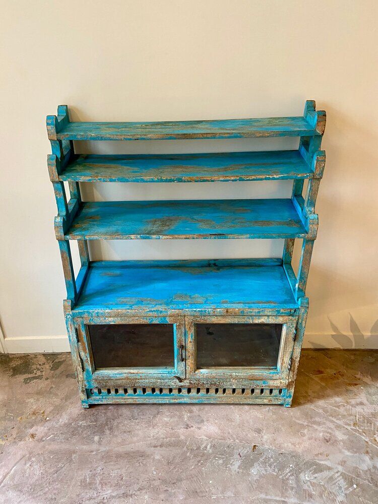 Sideboard 4 shelves and 2 glass doors in blue wood