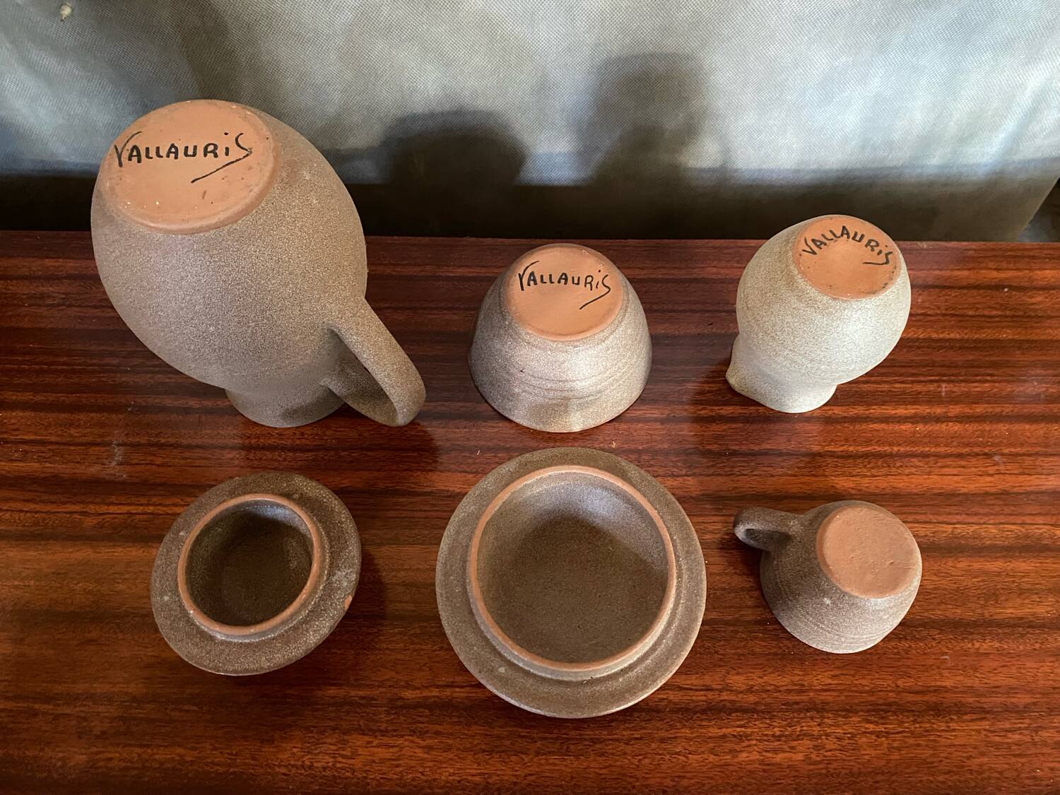 Lot old tea coffee service vallauris style ceramic beige 9p vintage #b843