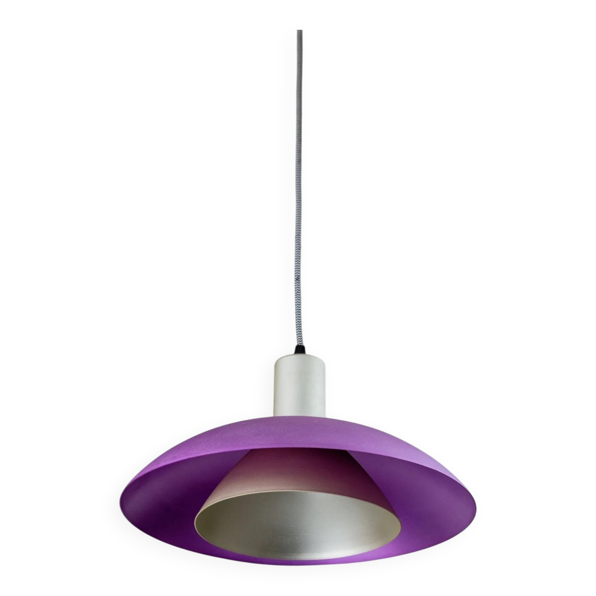 Vintage metal ceiling suspension – postmodern Memphis style from the 1980s, purple, green, silver, striped cable, Pop Art interior, retro light fixture.