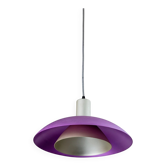 Vintage metal ceiling suspension – postmodern Memphis style from the 1980s, purple, green, silver, striped cable, Pop Art interior, retro light fixture.
