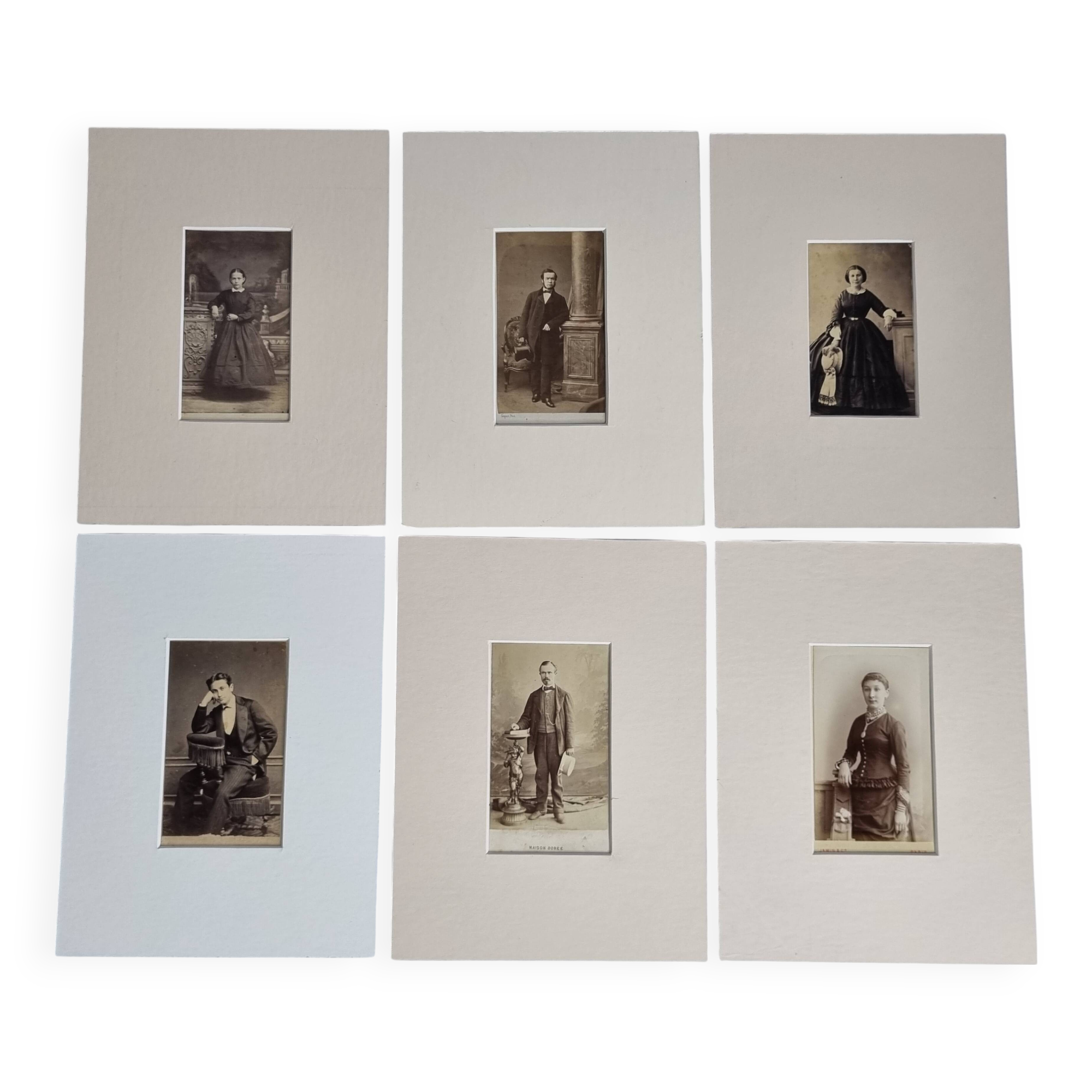 Set of 6 old photographs, 19th century studio portraits, men, women and children