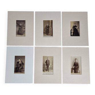 Set of 6 old photographs, 19th century studio portraits, men, women and children