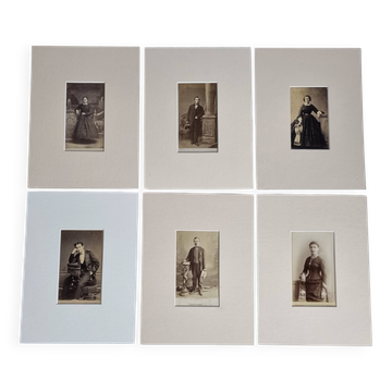 Set of 6 old photographs, 19th century studio portraits, men, women and children