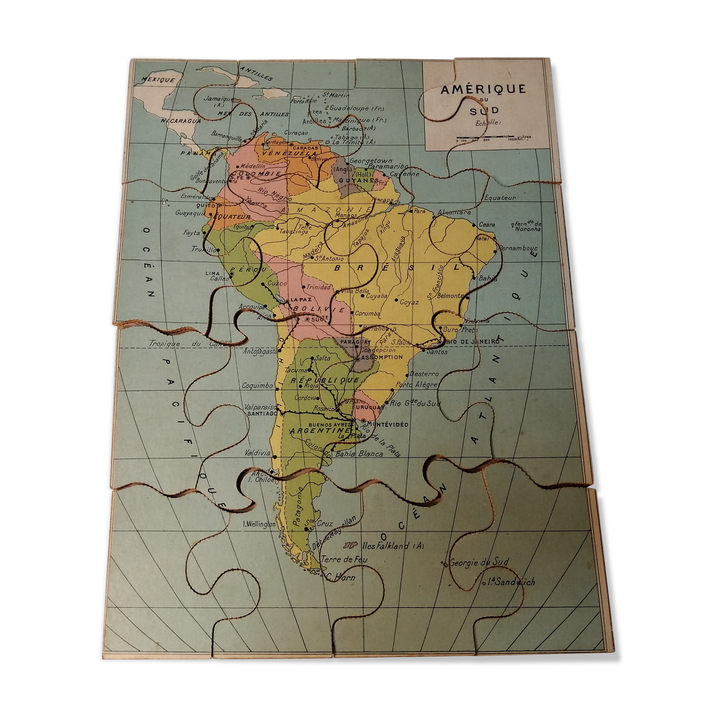 Geographical puzzle map South America - Monrocq Paris - Vintage