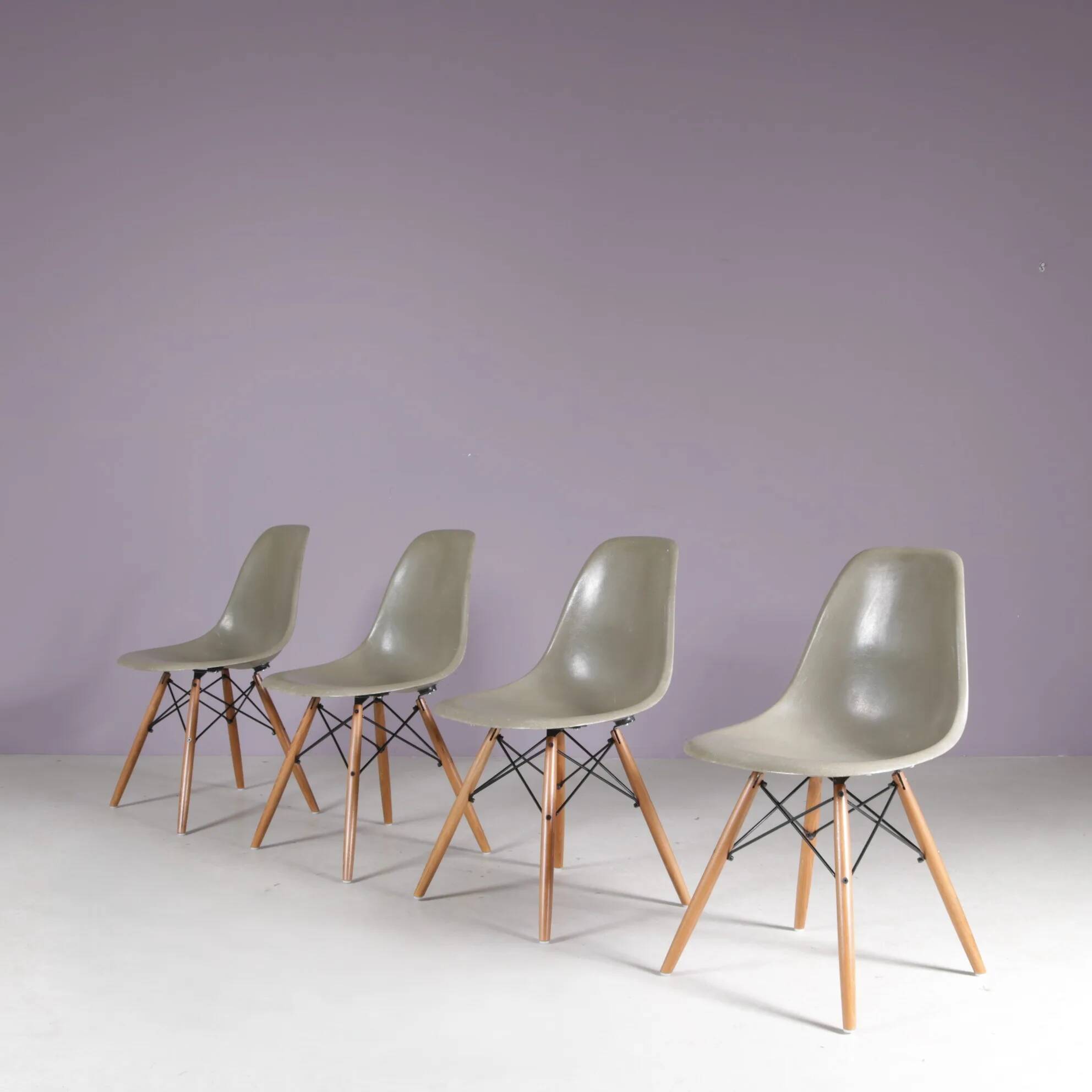 1960s set of 4 dining chairs in “sea foam” green fiberglass / Charles & Ray Eames / Herman Miller, USA