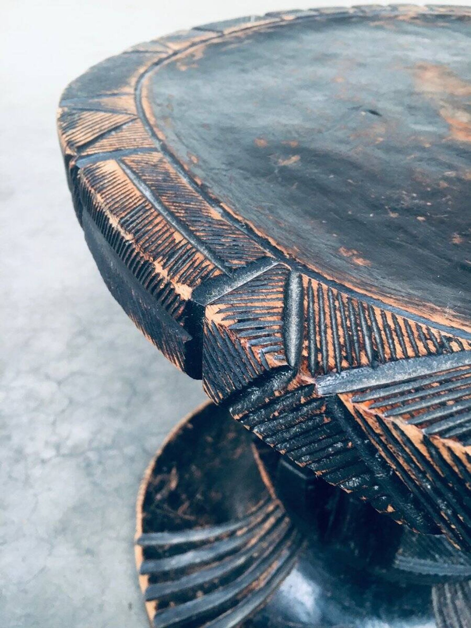 Handcrafted Low Stool in Carved Stained Wood, Africa, 1950s