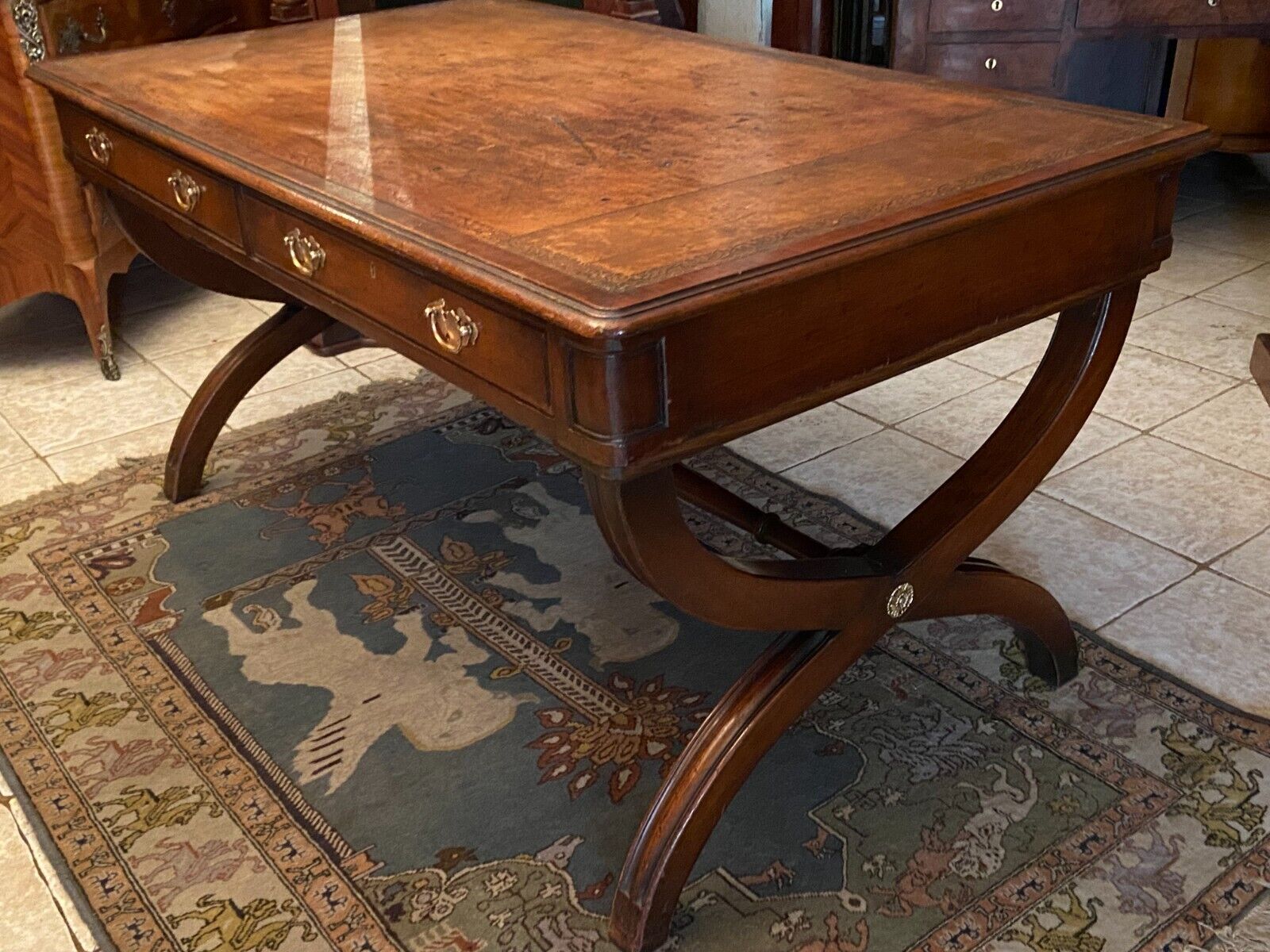 English mahogany desk early twentieth opening to two drawers
