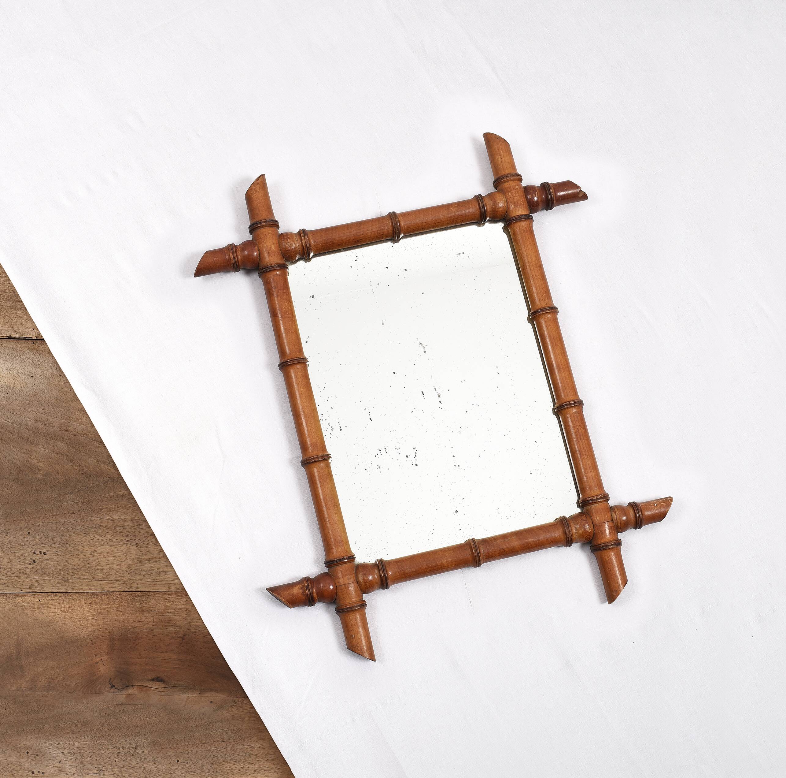 Old turned wooden mirror, bamboo imitation