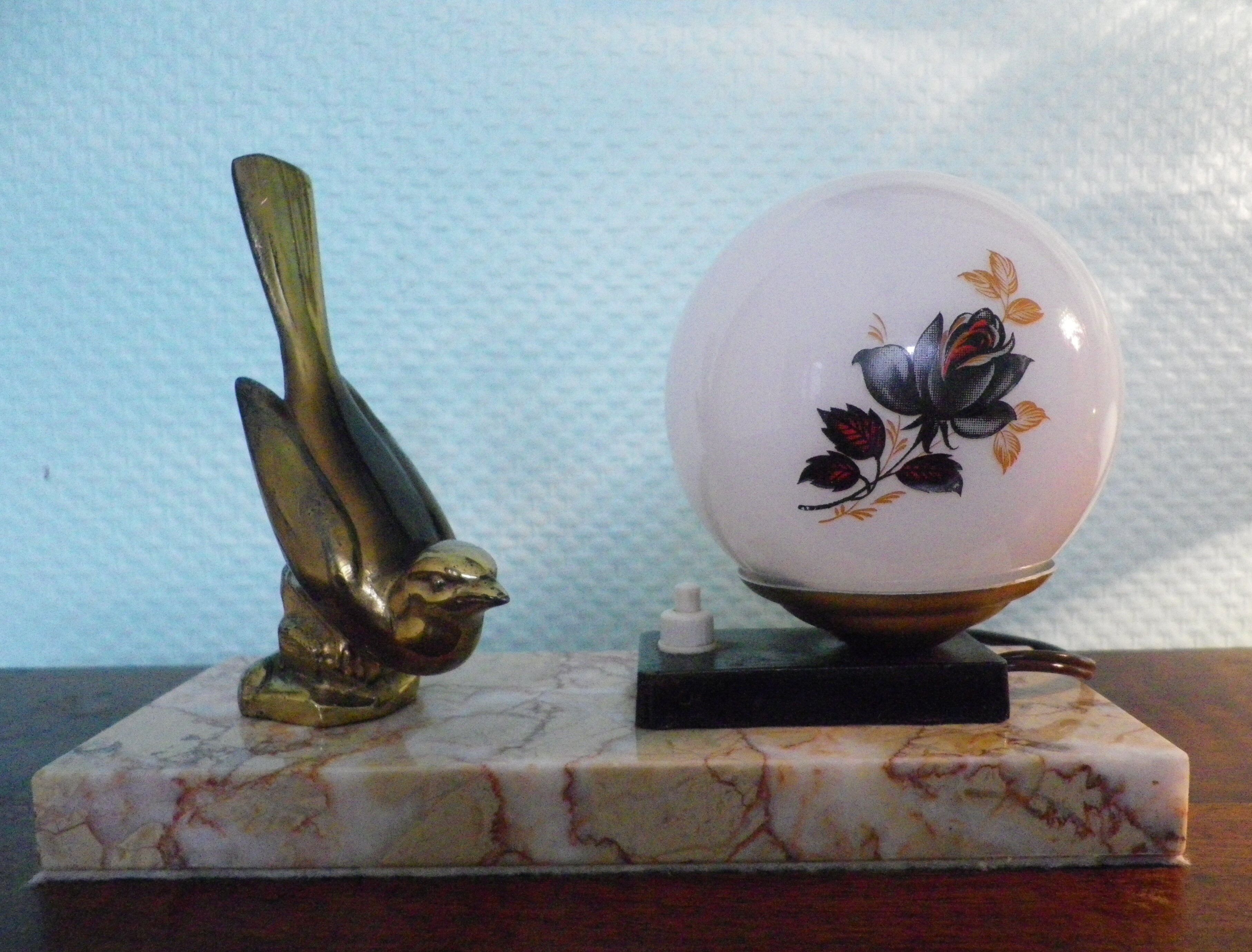 Art deco lamp, to pose, marble base, brass bird decoration, opaline - 40s
