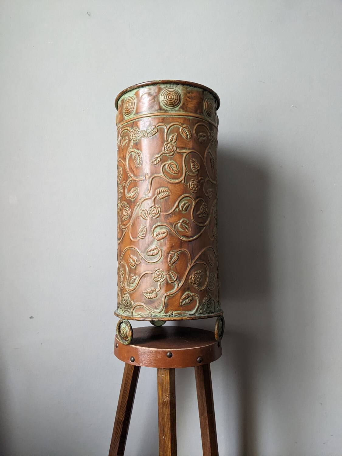 Metal repoussé umbrella stand bohemian country decor