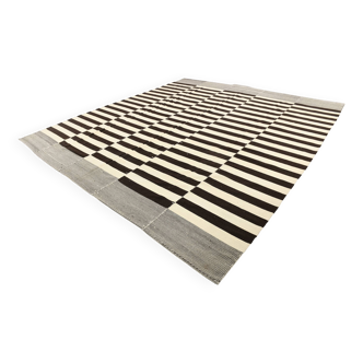 Kilim Dark Brown Beige Striped Vintage Kilim Rug, 378x410Cm