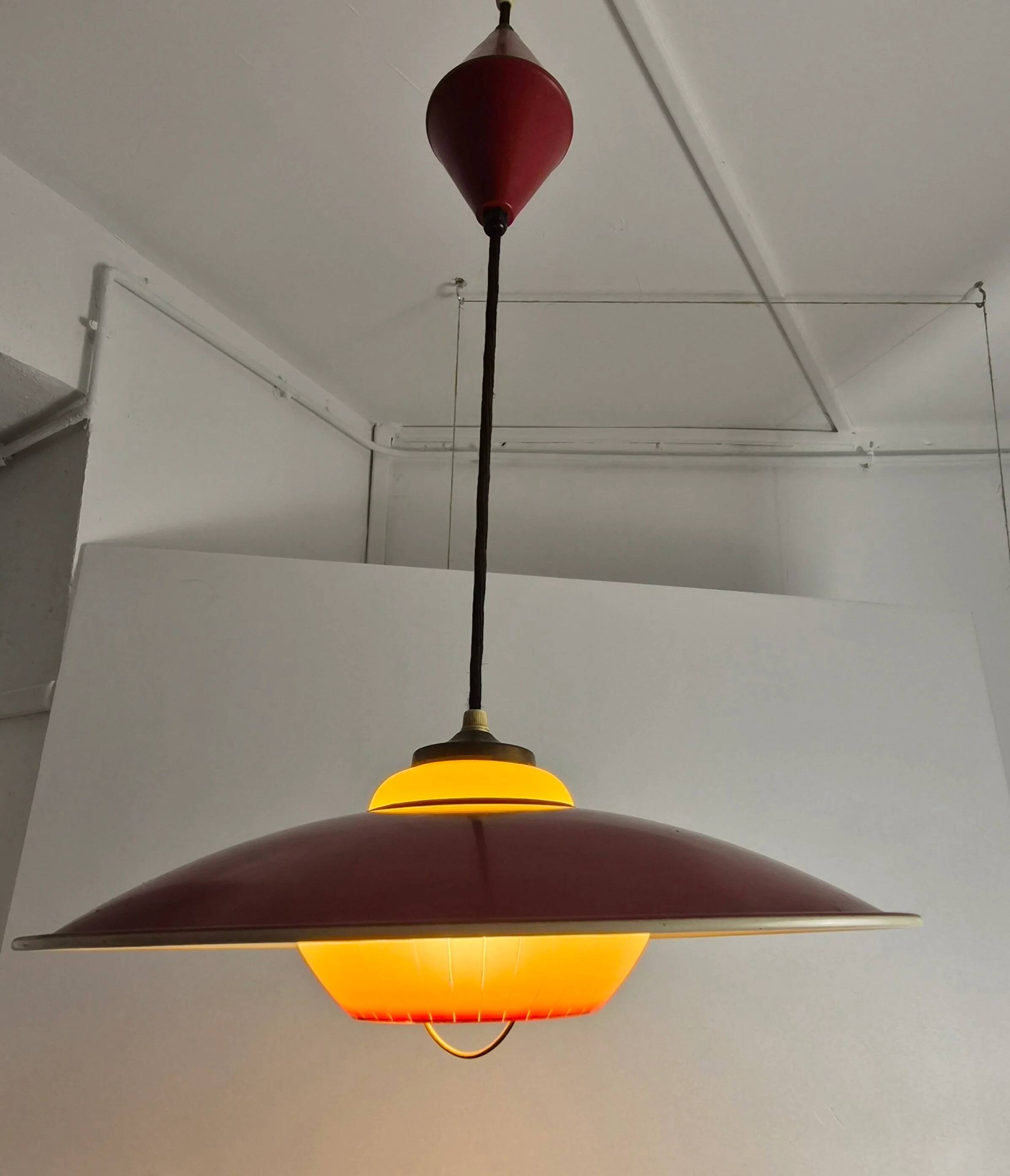 Extensible metal and opaline pendant light, Denmark, 1960.