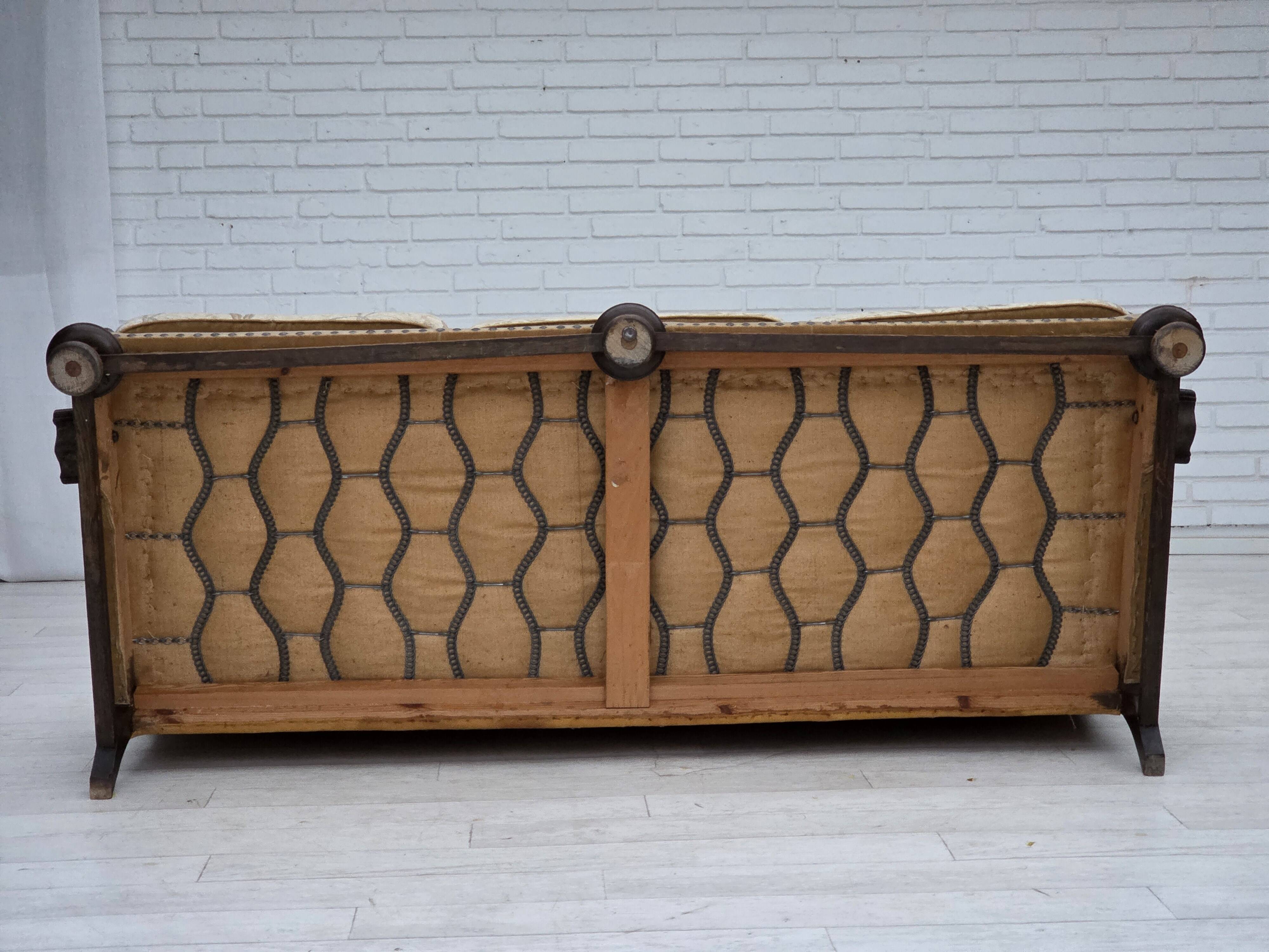 1960s, Danish 3-seater sofa, beige/brown furniture fabric, carved oak wood.