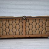 1960s, Danish 3-seater sofa, beige/brown furniture fabric, carved oak wood.