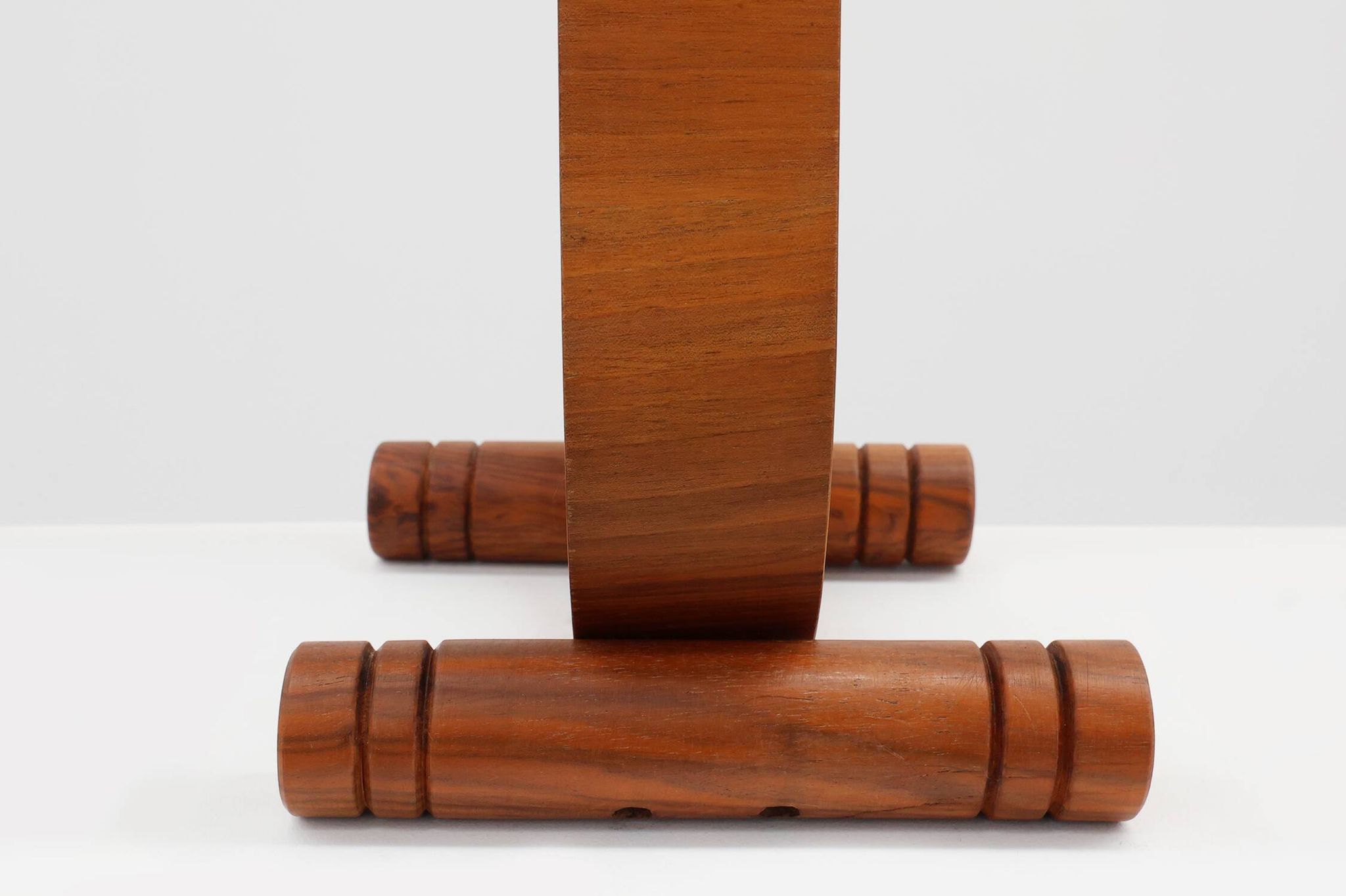 Art deco oak wooden round side table with bended leg, France 1920s
