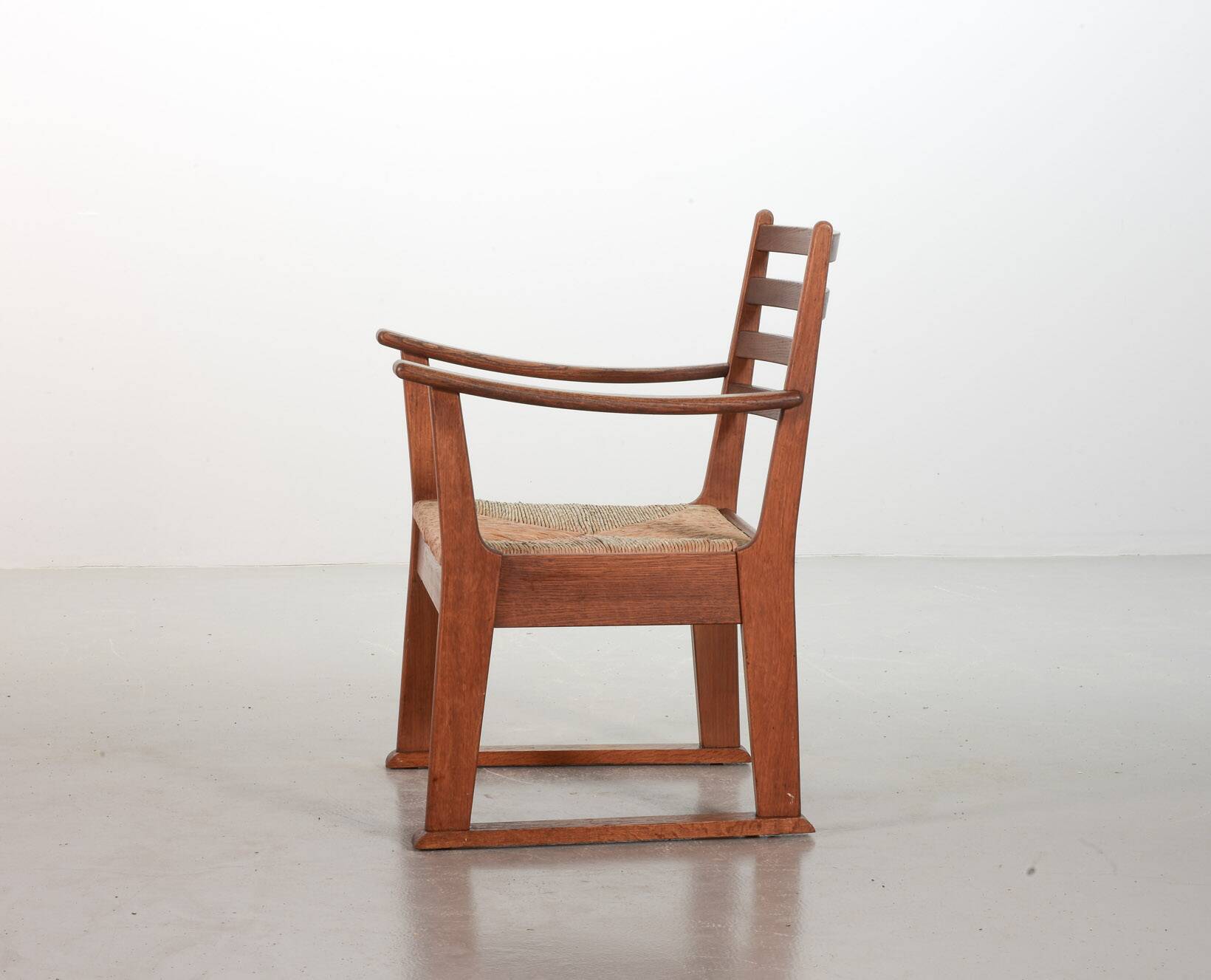 Rare Bas van Pelt Brutalist Oak Armchair with Woven Rush Seat for My Home