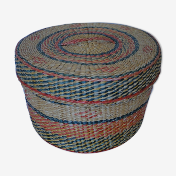 Old round wicker box geometric patterns several colors