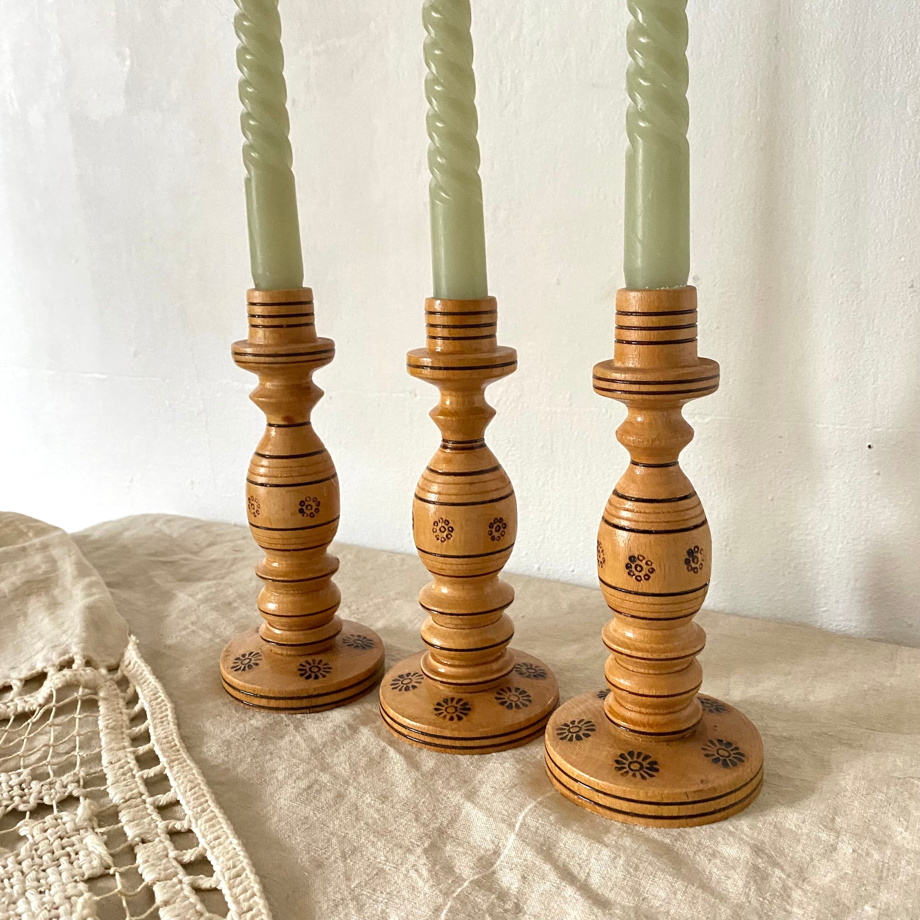 Engraved wooden candle holders