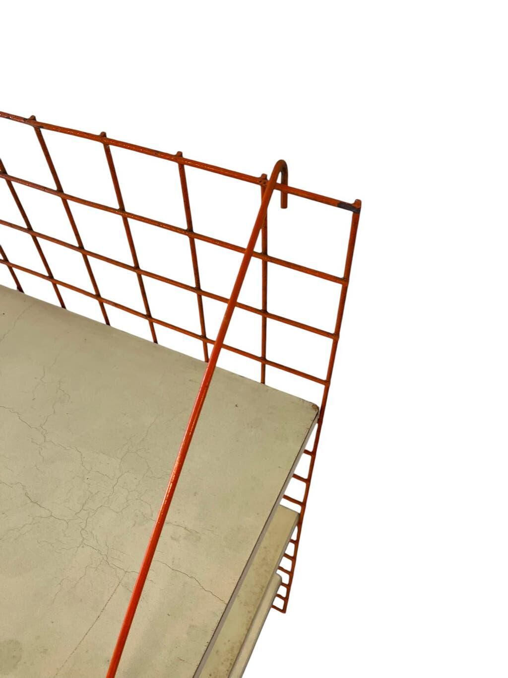 Vintage orange-red multi-level wall shelf with grid