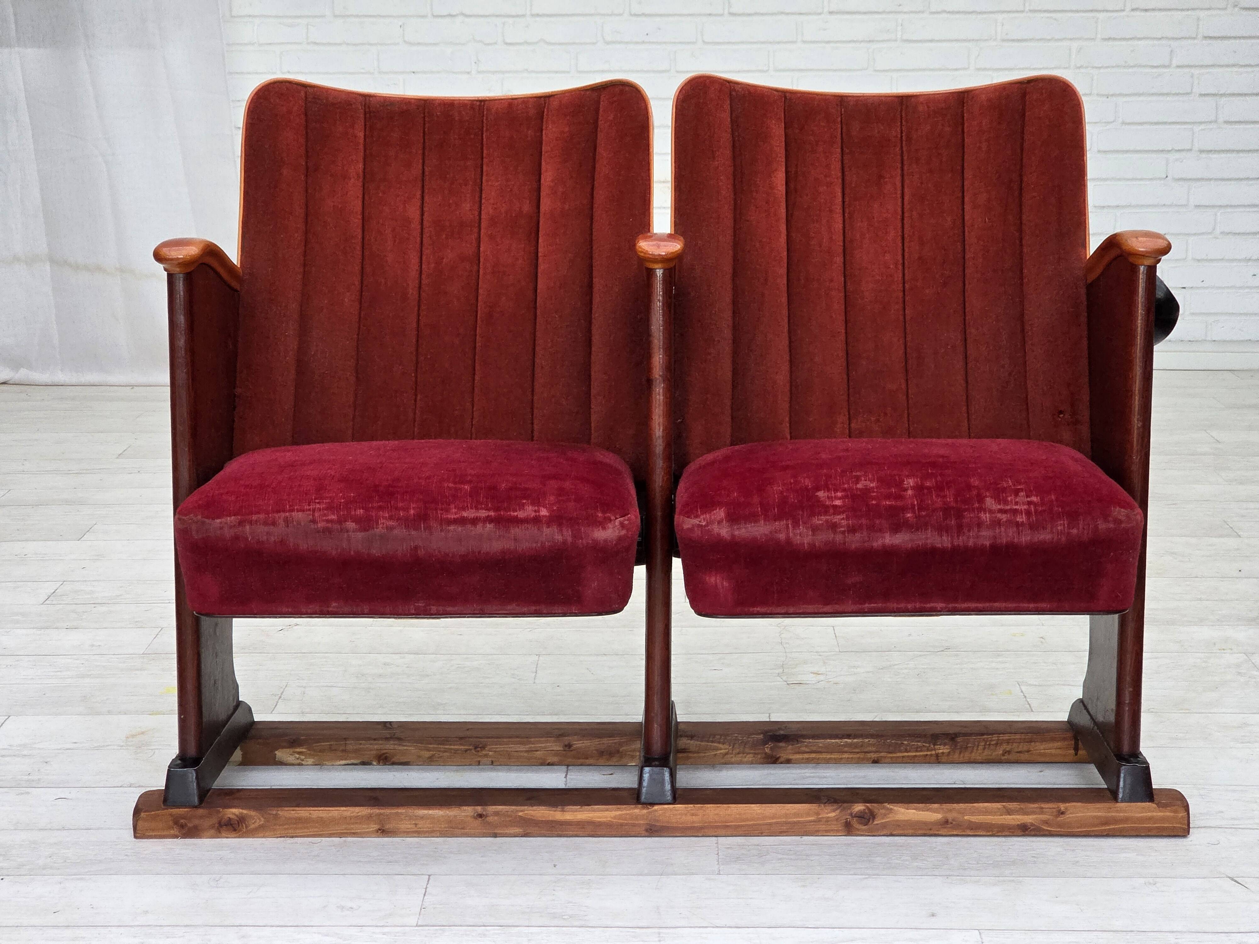 1950s, Danish theater armchairs, furniture velour, original condition.