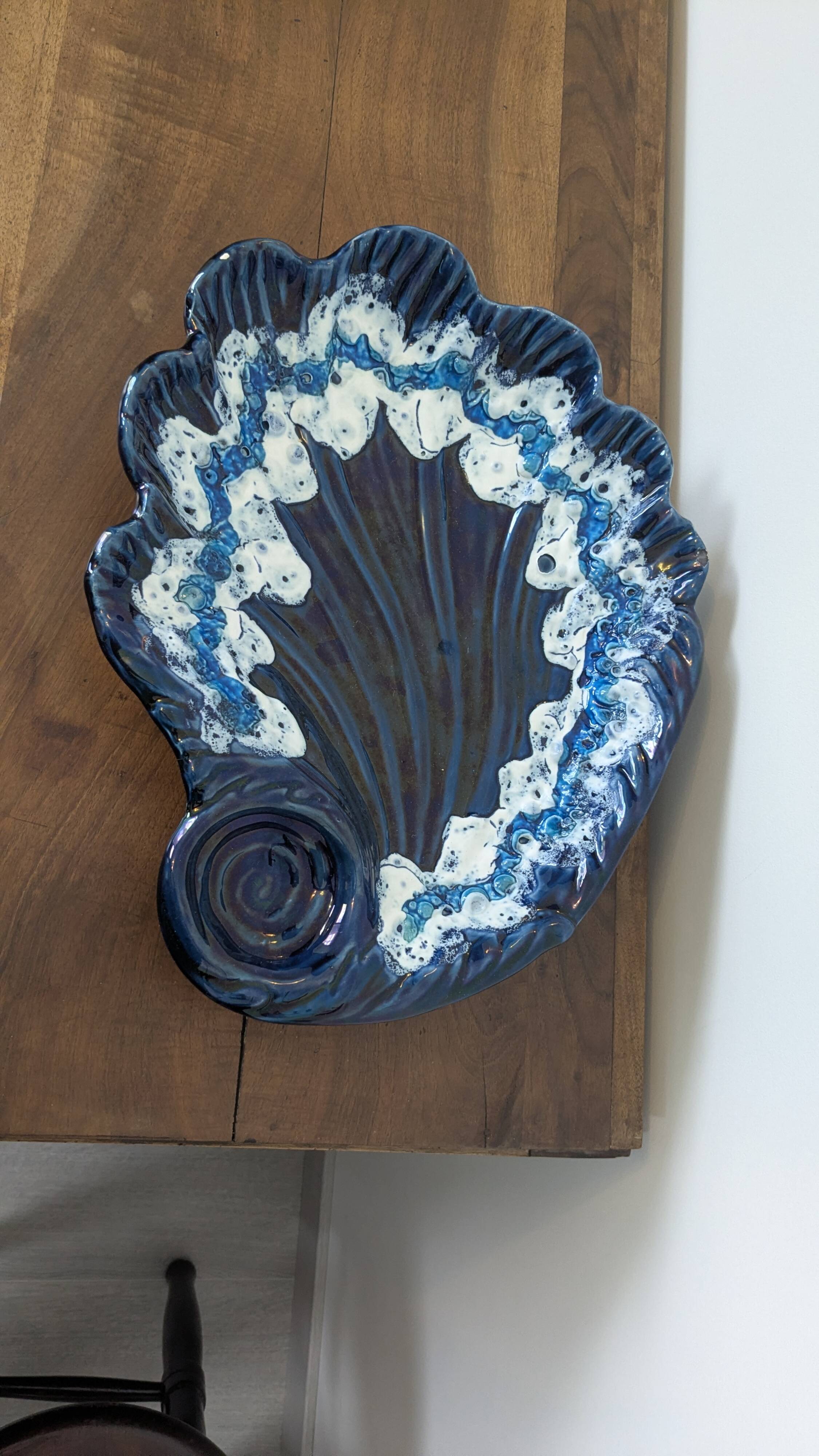 Large vintage shell-shaped blue glazed ceramic bowl