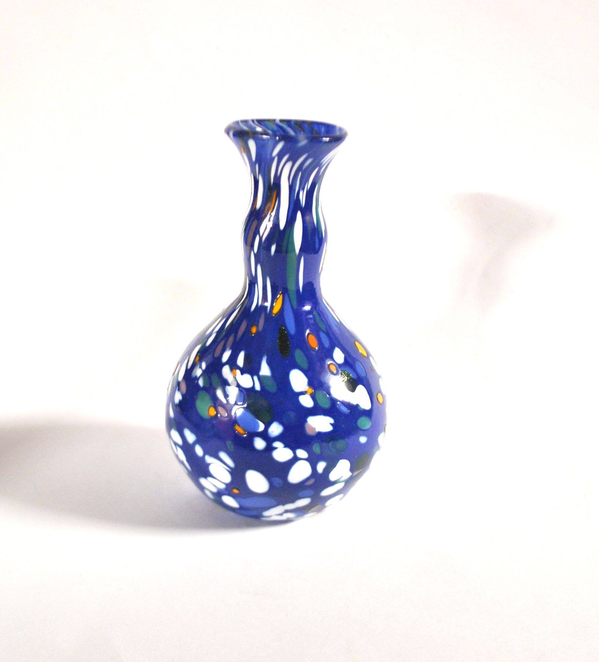Vintage biot vase in double blown blue glass, coloured dot, design 2000 signed "arnold biot"