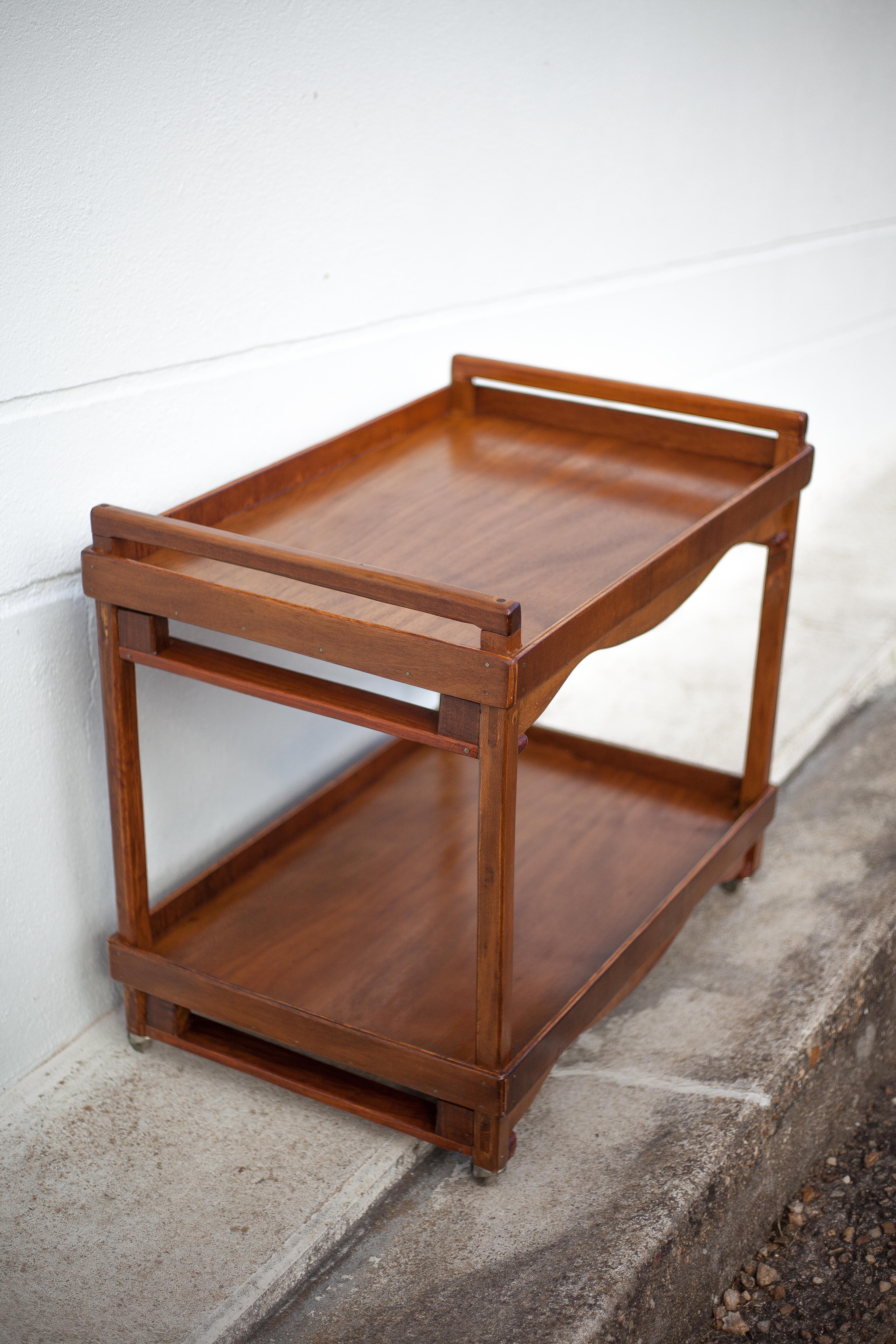 Wooden service with wheels, rolling trolley, rolling bar, wooden lounge furniture, vintage