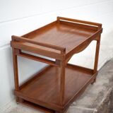 Wooden service with wheels, rolling trolley, rolling bar, wooden lounge furniture, vintage