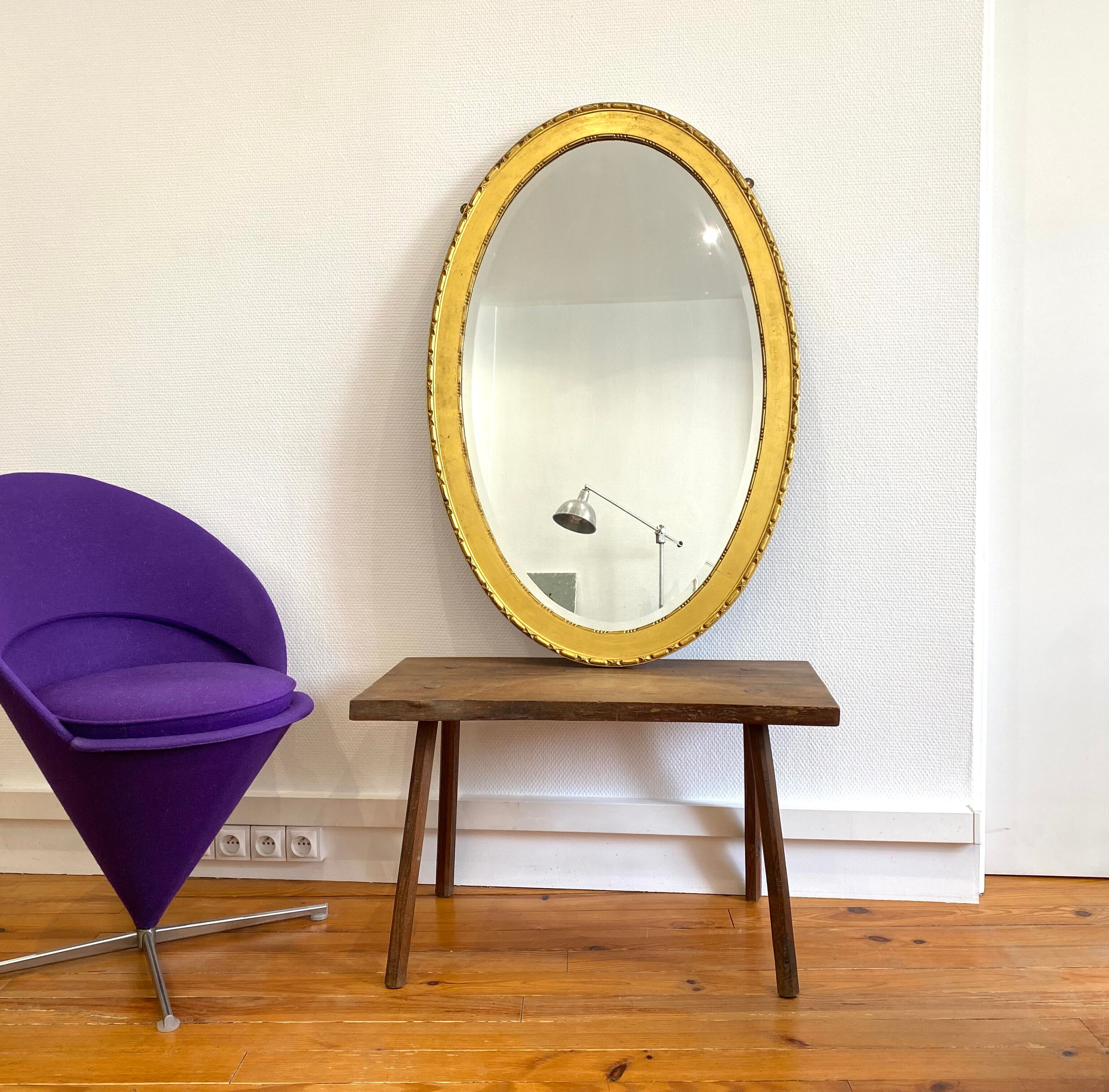 XXth oval mirror, gilded wood trumeau, beveled ice, vintage medallion mirror