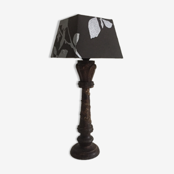 Carved wood lamp and fabric