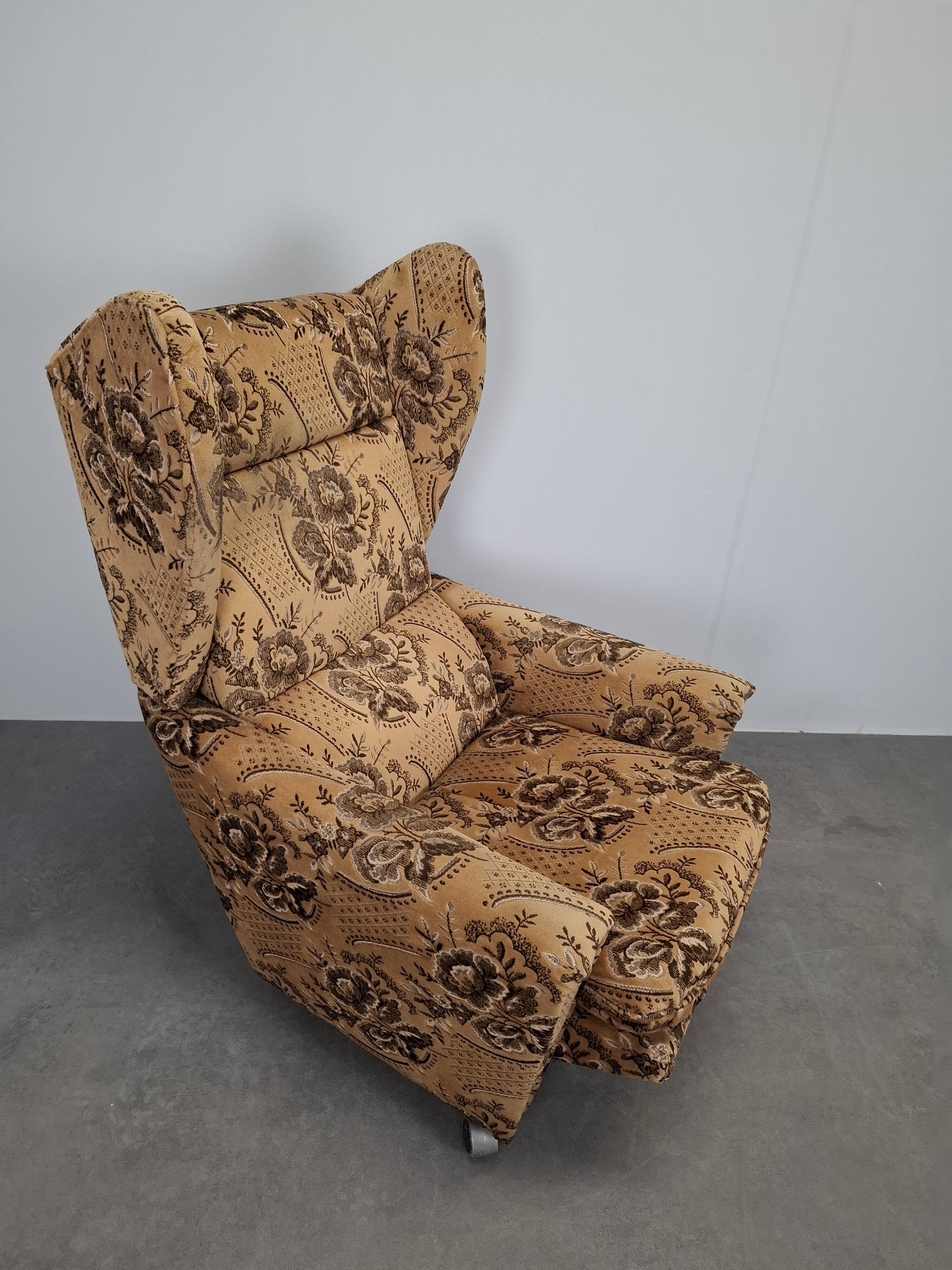 Mid-Century Czechoslovak Plush Wingback Recliner Chair, 1970s