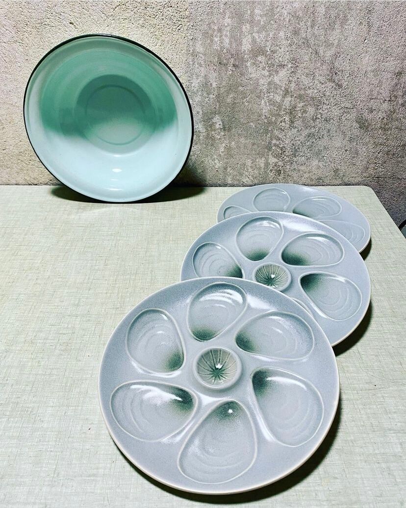 Salins factory oyster plates in water green colors