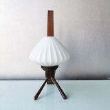 Vintage wooden tripod lamp with pleated glass lampshade, 1970