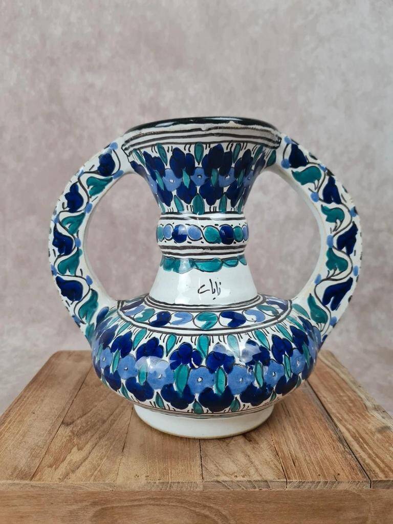 Artisanal Moroccan faience vase signed – blue & green decor