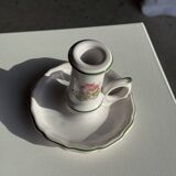 Small vintage hand-held candlestick in earthenware with green trim and floral decoration H10.5