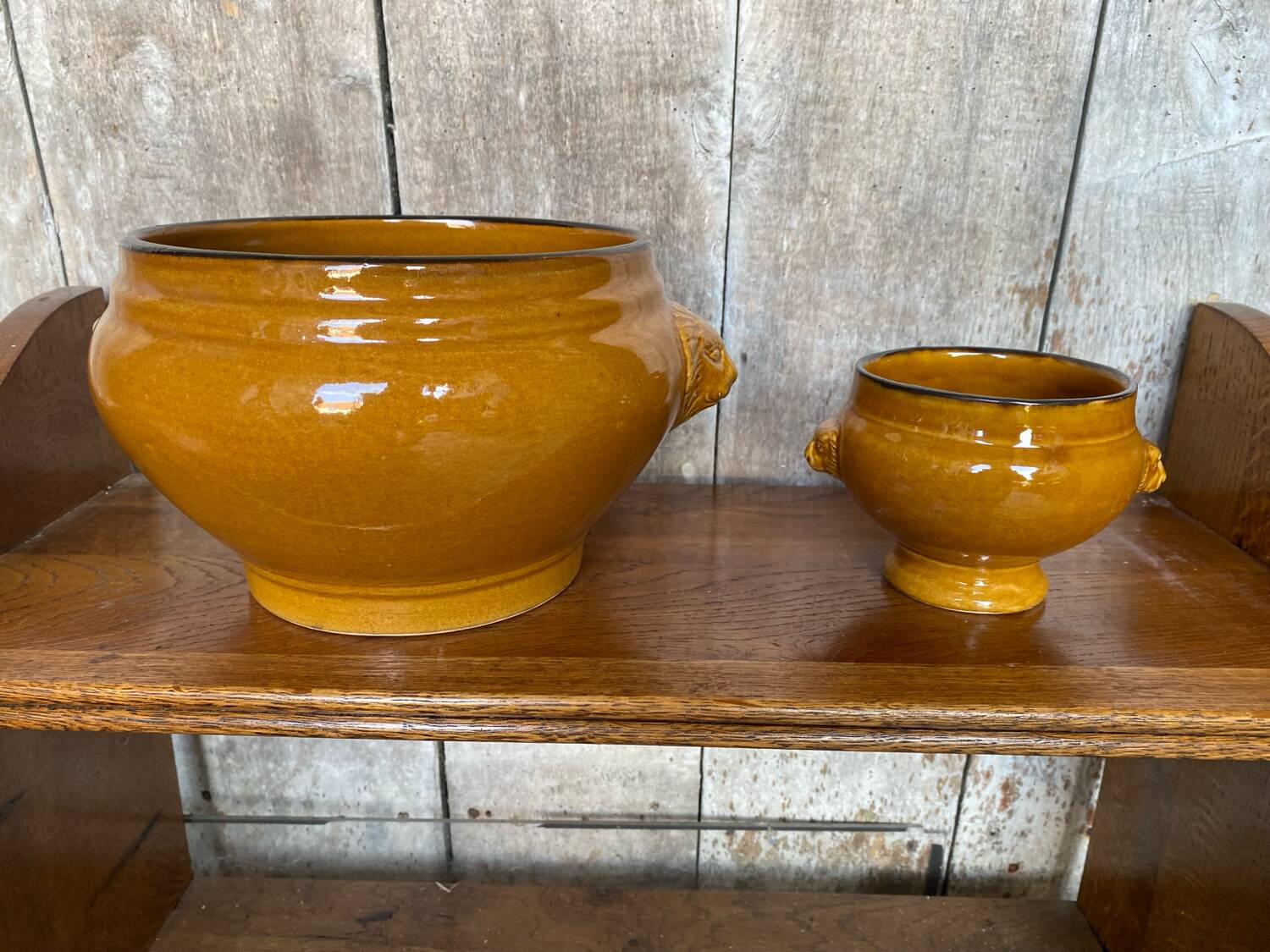 Antique Soup Tureen + 6 Onion Bowls Beige Ceramic Lion Head Vintage #B578