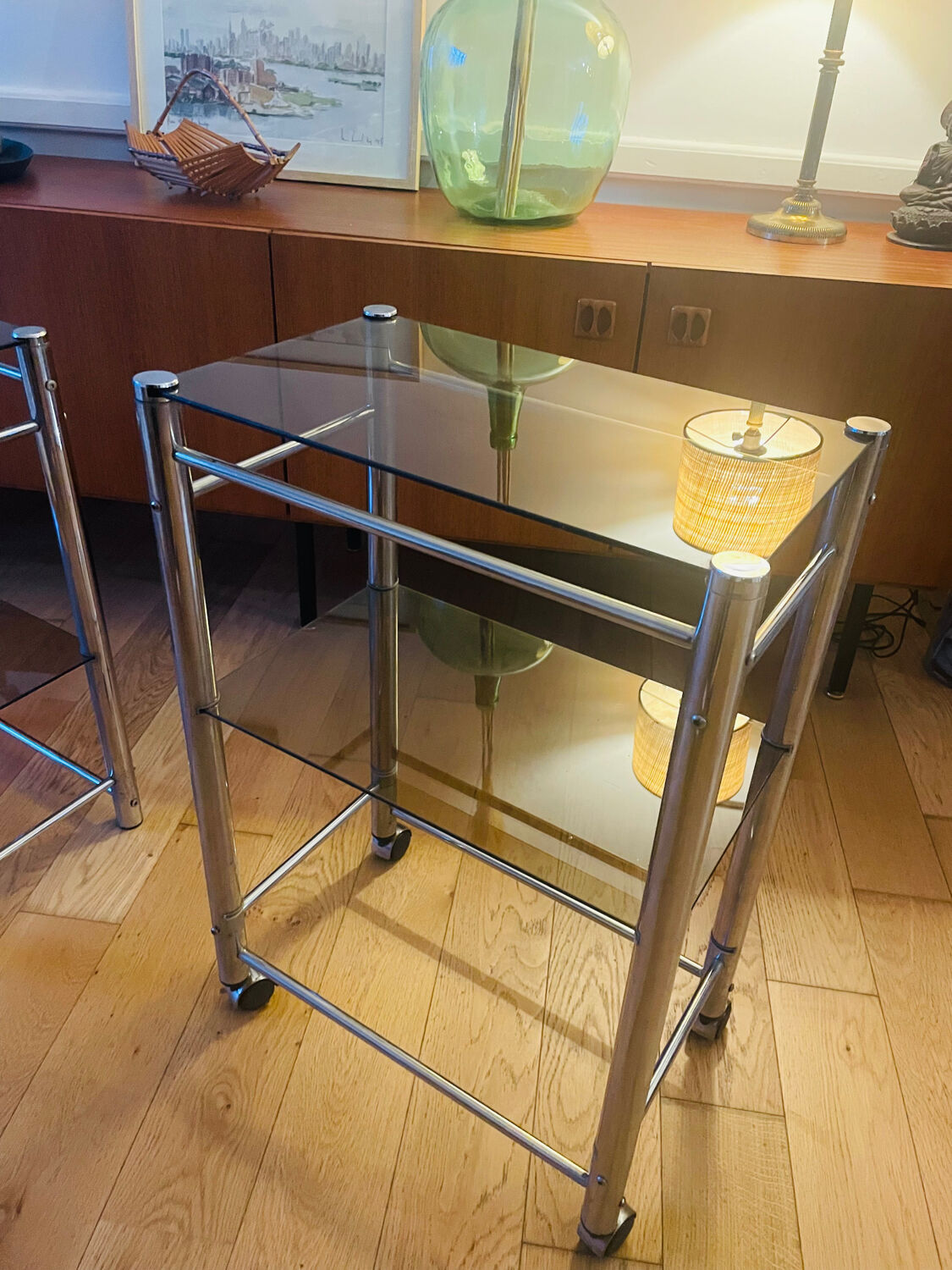 Chrome metal and glass wheeled dessert trolley