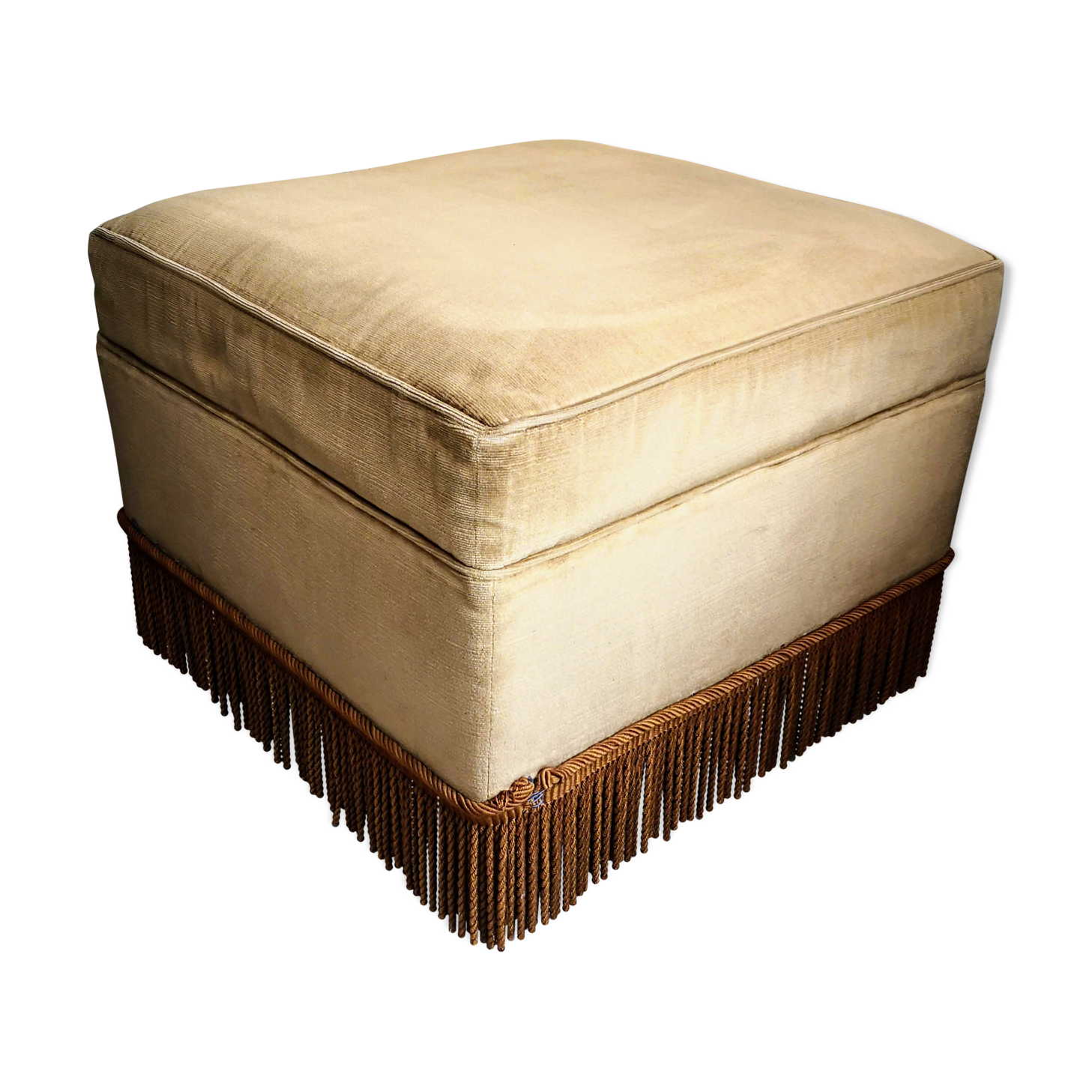 Olive green fringed velvet pouf