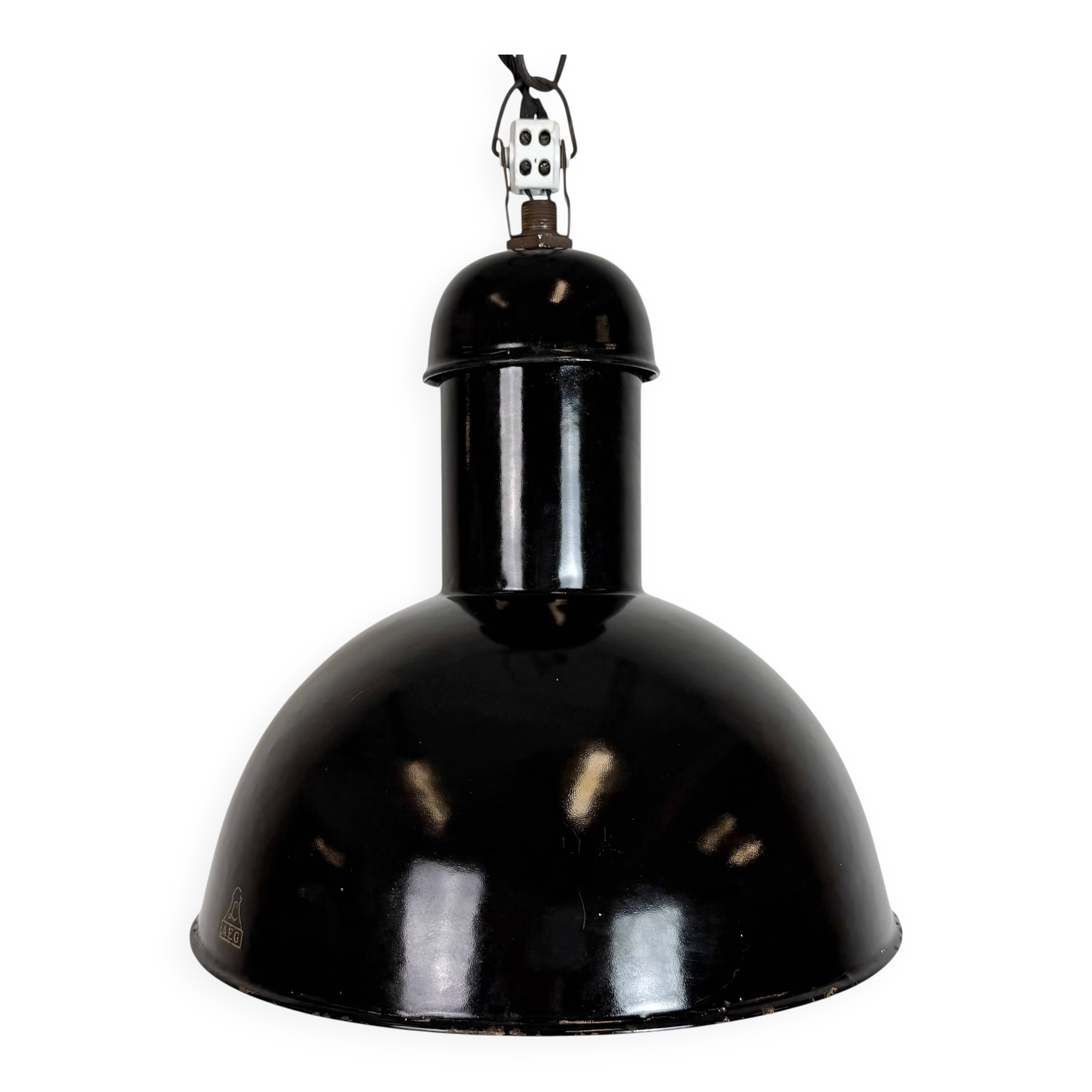 Black Enamel Industrial Pendant Lamp from AEG, 1930s