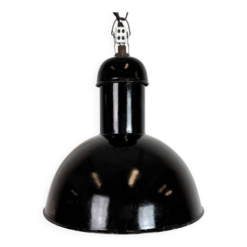 Lampe suspendue industrielle en émail noir de AEG, années 1930